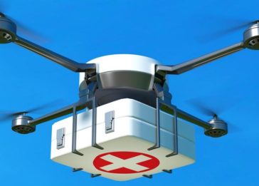 Imagem de um drone transportando um kit médico