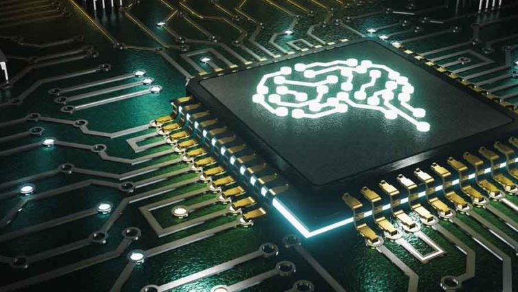 Imagem conceito de inteligência artificial, representada pelo desenho de um cérebro sobre um chip